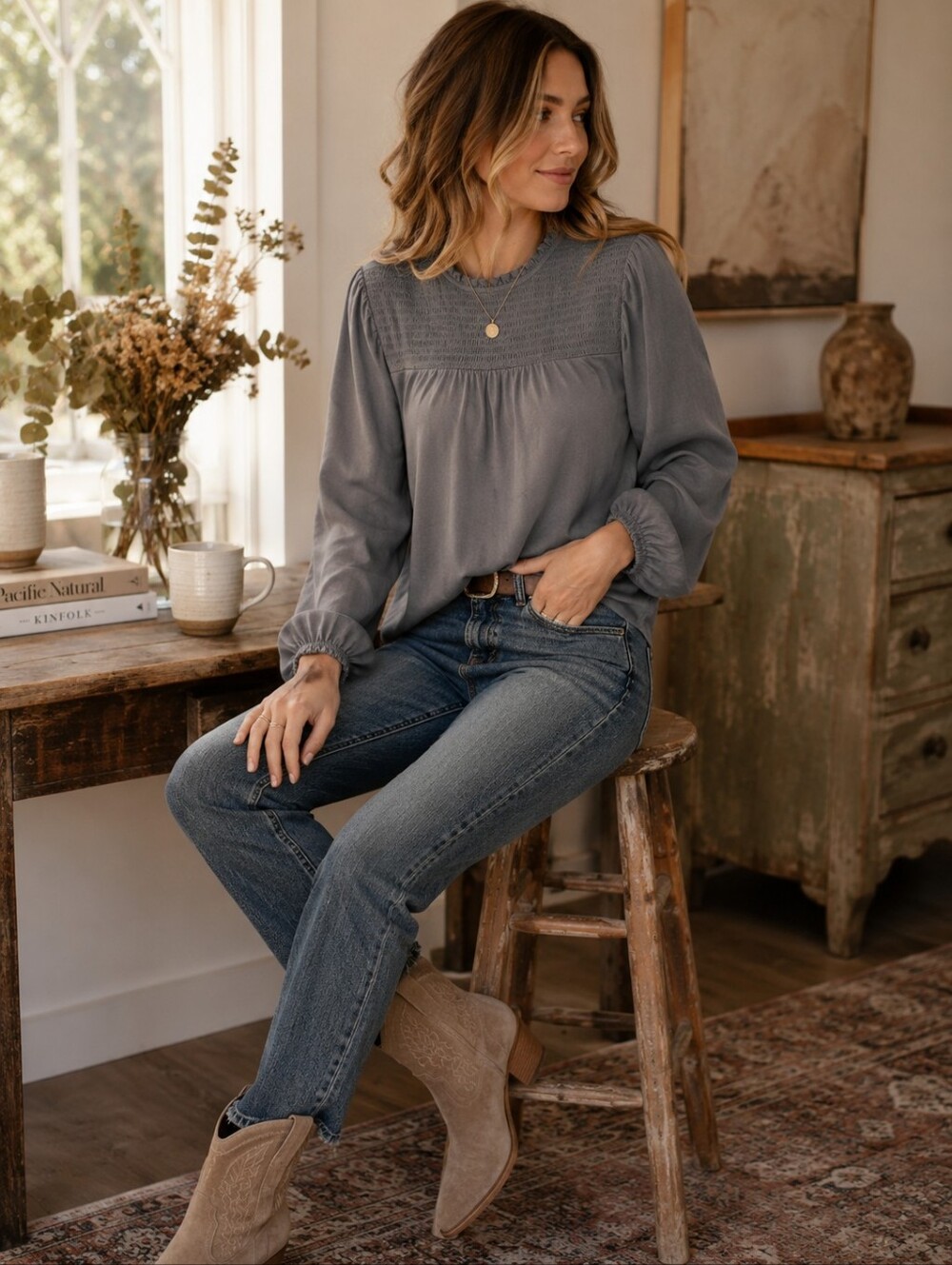 Lucky Brand Gray Smocked Blouse Medium Boho Peasant Top Long Sleeve